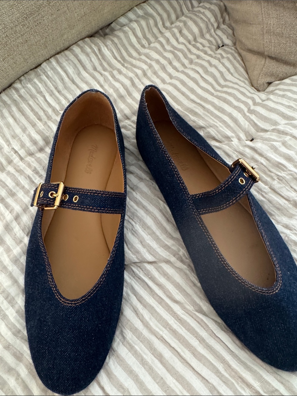 Madewell Navy Denim Mary Jane Flats with Gold Buckle
